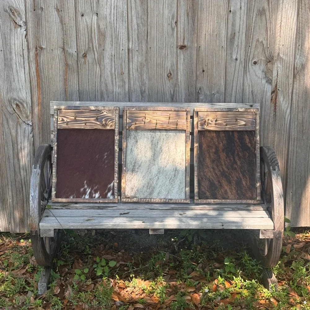 Rustic Wooden Framed Mirror - Distressed Brown Frame - cowhide Jewlery holder